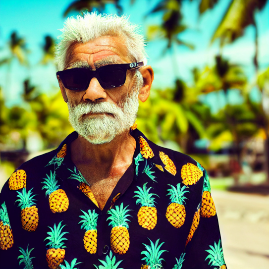 a photograph of a older man hawaiian shirt with pineapple design in tropical setting, 35mm camera,